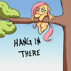 Size: 1000x1000 | Tagged: safe, artist:inkypuso, derpibooru import, fluttershy, pegasus, pony, cute, female, floppy ears, gradient background, hang in there, hanging, image, in a tree, jpeg, mare, shyabetes, solo, teary eyes, text, tree, tree branch