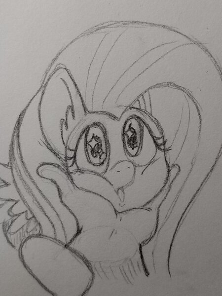 Size: 1536x2048 | Tagged: safe, artist:fullmetalsketch, derpibooru import, fluttershy, human, pegasus, pony, female, hand, human on pony petting, image, jpeg, monochrome, offscreen character, petting, pov, sketch, solo focus, sparkly eyes, squishy cheeks, traditional art, wingding eyes