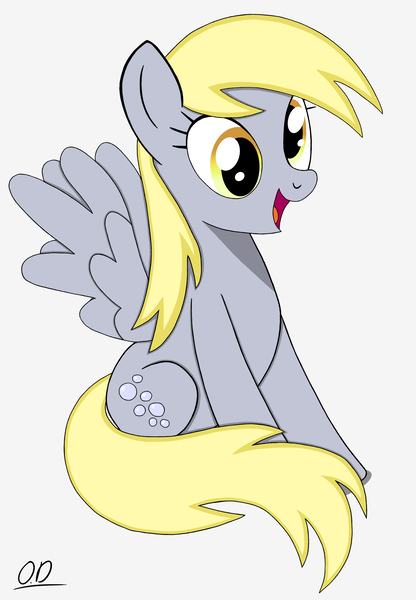 Size: 2270x3273 | Tagged: safe, artist:oleniandeer, derpibooru import, derpy hooves, pegasus, pony, derp, female, high res, image, jpeg, mare, open mouth, open smile, signature, simple background, sitting, smiling, solo, spread wings, white background, wings