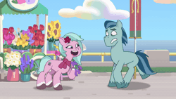 Size: 640x360 | Tagged: safe, derpibooru import, screencap, earth pony, pony, my little pony: tell your tale, spoiler:g5, spoiler:my little pony: tell your tale, spoiler:tyts01e16, animated, dahlia, duo, female, flower, g5, gif, image, male, mare, neighfever, rufus, running away, stallion