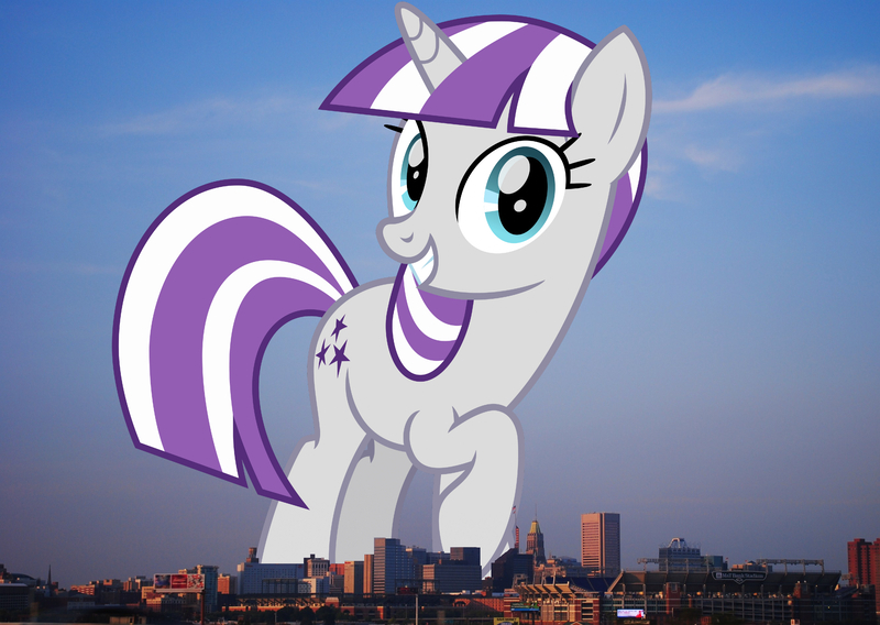 Size: 2666x1894 | Tagged: safe, artist:cheezedoodle96, derpibooru import, edit, editor:jaredking779, twilight velvet, pony, unicorn, baltimore, female, giant pony, giant unicorn, giantess, grin, high res, highrise ponies, image, irl, jpeg, looking at you, macro, mare, maryland, mega giant, photo, ponies in real life, smiling, solo