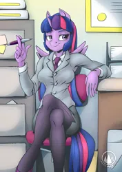 Size: 2171x3070 | Tagged: safe, artist:mysticalpha, derpibooru import, twilight sparkle, twilight sparkle (alicorn), alicorn, anthro, pony, breasts, business suit, businessmare, busty twilight sparkle, chair, clothes, crossed legs, female, high res, image, looking away, mare, necktie, office chair, office lady, pantyhose, pen, png, sitting, skirt, skirt suit, smiling, solo, suit