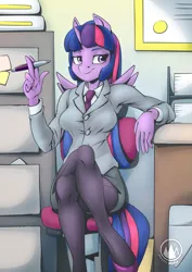 Size: 2171x3070 | Tagged: safe, alternate version, artist:mysticalpha, derpibooru import, twilight sparkle, twilight sparkle (alicorn), alicorn, anthro, pony, breasts, business suit, businessmare, busty twilight sparkle, chair, clothes, crossed legs, female, high res, image, looking away, mare, necktie, office chair, pantyhose, pen, png, sitting, skirt, skirt suit, smiling, solo, suit