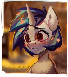 Size: 2580x2943 | Tagged: safe, artist:annna markarova, derpibooru import, vinyl scratch, pony, unicorn, image, jpeg, sad, simple background, sketch, solo