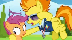 Size: 2160x1203 | Tagged: safe, derpibooru import, screencap, scootaloo, spitfire, pegasus, pony, the washouts (episode), angry, clothes, drill sergeant, female, filly, image, jpeg, necktie, spitfire's whistle, suit, sunglasses, uniform, whistle, wonderbolts dress uniform