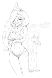 Size: 1004x1498 | Tagged: suggestive, anonymous artist, derpibooru import, princess celestia, princess luna, human, belly button, bikini, blushing, breasts, busty princess celestia, clothes, cutie mark on human, duo, duo female, erect nipples, female, humanized, image, monochrome, nipple outline, one-piece swimsuit, png, pubic hair, sketch, smiling, speech bubble, straw, string bikini, swimsuit, thighs
