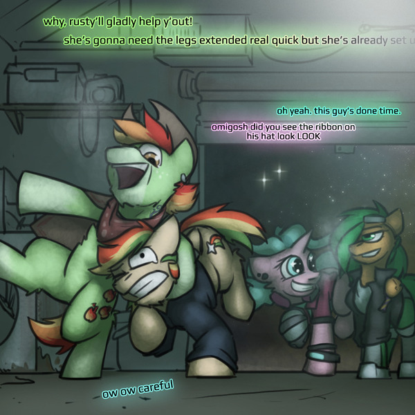 Size: 800x800 | Tagged: safe, artist:captainhoers, derpibooru import, oc, oc:atom smasher, oc:candy chip, oc:rainbow code, oc:zap apple (captainhoers), unofficial characters only, cyborg, pegasus, pony, unicorn, the sunjackers, cyberpunk, female, image, jpeg, magical lesbian spawn, male, mare, offspring, parent:applejack, parent:rainbow dash, parents:appledash, pride, pride flag, stallion, transgender pride flag