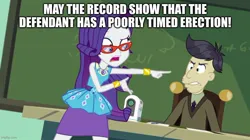 Size: 888x499 | Tagged: suggestive, derpibooru import, edit, edited screencap, screencap, cranky doodle donkey, rarity, equestria girls, equestria girls series, happily ever after party, big mouth, caption, female, glasses, image, image macro, jpeg, male, rarity peplum dress, rarity's glasses, text
