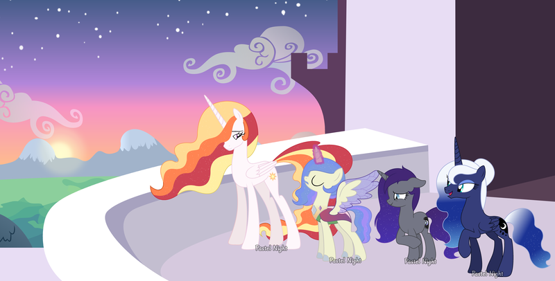 Size: 7921x4024 | Tagged: safe, artist:pastelnightyt, derpibooru import, princess celestia, princess luna, oc, oc:chrysanthemum, oc:moonlight lullaby, changepony, hybrid, pony, alternate design, base used, image, interspecies offspring, offspring, parent:princess celestia, parent:thorax, parents:thoralestia, png