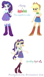 Size: 694x1212 | Tagged: safe, artist:prettycelestia, derpibooru import, applejack, rarity, equestria girls, belt buckle, boots, bracelet, clothes, eyeshadow, fusion, hairclip, high heel boots, image, jewelry, makeup, multiple arms, png, shoes, turquoise eyes