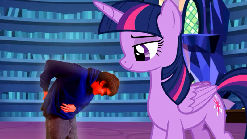 Size: 1364x767 | Tagged: artist needed, safe, derpibooru import, screencap, twilight sparkle, twilight sparkle (alicorn), alicorn, human, pony, bowing, giant pony, image, irl, irl human, library, macro, photo, png, twilight's castle