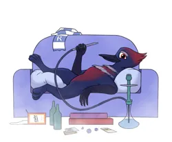 Size: 1693x1403 | Tagged: safe, artist:tsswordy, derpibooru import, oc, oc:coda, unofficial characters only, gryphon, couch, griffon oc, hookah, image, lying down, male, on back, png, smoking, solo