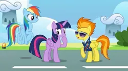 Size: 2160x1202 | Tagged: safe, derpibooru import, screencap, rainbow dash, spitfire, twilight sparkle, twilight sparkle (alicorn), alicorn, pegasus, pony, top bolt, clothes, drill sergeant, female, hoof on chin, image, jpeg, mare, necktie, spitfire's whistle, suit, sunglasses, uniform, whistle, wonderbolts dress uniform