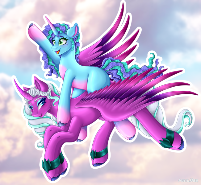 Size: 5784x5333 | Tagged: safe, artist:mailner, derpibooru import, alicorn, pony, unicorn, g5, my little pony: make your mark, absurd resolution, blue eyes, blue mane, blushing, cloud, colored hooves, colored pupils, colored wings, curved horn, cute, digital art, eyelashes, eyeshadow, female, flying, freckles, green eyes, high res, horn, image, looking back, makeup, mare, misty brightdawn, opaline arcana, open mouth, open smile, png, ponies riding ponies, riding, simple background, sky, smiling, spread wings, unshorn fetlocks, white mane, wholesome, wings