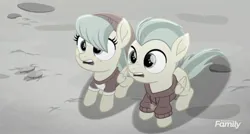 Size: 2160x1160 | Tagged: safe, derpibooru import, screencap, barley barrel, pickle barrel, pegasus, pony, rainbow roadtrip, barrel twins, brother and sister, clothes, cute, female, gray, hat, hoodie, hope hollow, image, jpeg, male, shirt, shocked, shocked expression, siblings, surprised, t-shirt, twins