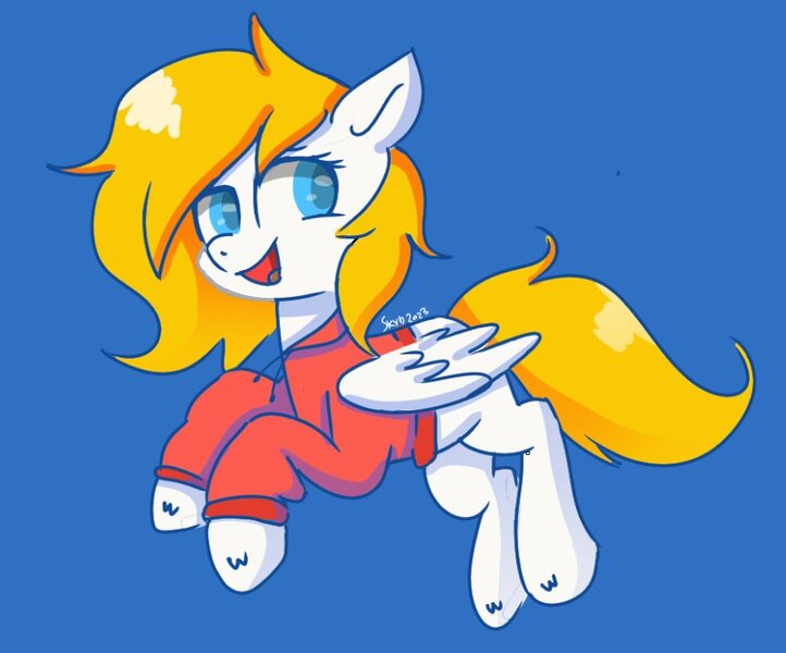 Size: 865x719 | Tagged: safe, artist:skylinepony_, derpibooru import, oc, oc:fox, unofficial characters only, pegasus, pony, blonde, blue eyes, clothes, full body, hoodie, image, jpeg, pegasus oc, simple background, smiling, white coat, wings