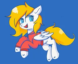 Size: 865x719 | Tagged: safe, artist:skylinepony_, derpibooru import, oc, oc:fox, unofficial characters only, pegasus, pony, blonde, blue eyes, clothes, full body, hoodie, image, jpeg, pegasus oc, simple background, smiling, white coat, wings