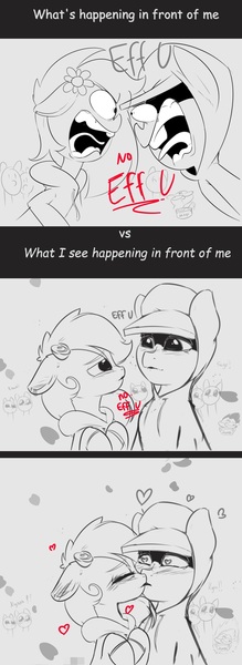 Size: 1000x2736 | Tagged: suggestive, artist:inkypuso, derpibooru import, oc, oc:ap, oc:fox, unofficial characters only, earth pony, pegasus, pony, black and white, clothes, grayscale, hat, hoodie, image, jpeg, kissing, monochrome, screaming, shipping, simple background