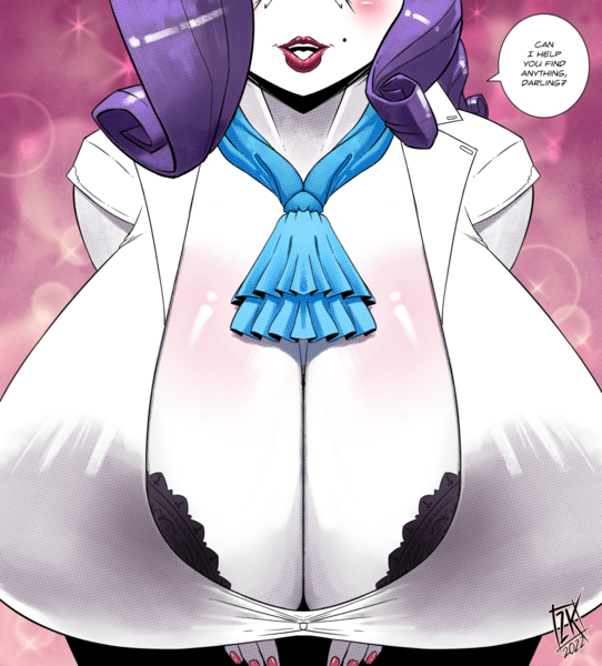 Size: 1083x1200 | Tagged: questionable, artist:zwitterkitsune, rarity, anthro, unicorn, absolute cleavage, big breasts, blouse, blushing, breasts, busty rarity, cleavage, clothes, dialogue, female, image, leaning forward, lingerie, lipstick, png, solo, solo female