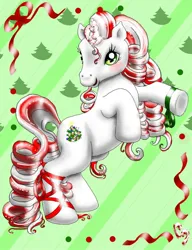 Size: 768x1000 | Tagged: safe, artist:noelle23, derpibooru import, oc, oc:peppermint ponycorn, unofficial characters only, pony, unicorn, blushing, christmas, female, g3, g3 oc, holiday, image, jpeg, mare, rearing, ribbon, smiling, solo