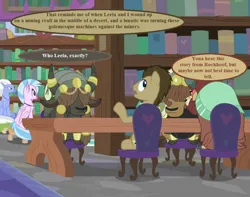Size: 912x720 | Tagged: safe, derpibooru import, edit, edited screencap, screencap, doctor whooves, silverstream, sky beak, time turner, yona, yona's dad, yona's mom, a horse shoe-in, book, cropped, dialogue, doctor who, image, implied leela, implied murder, implied rockhoof, jewelry, library, necklace, png, speech bubble, the robots of death
