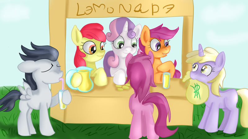 Size: 1920x1080 | Tagged: safe, artist:jbond, derpibooru import, apple bloom, dinky hooves, ruby pinch, rumble, scootaloo, sweetie belle, earth pony, pegasus, pony, unicorn, bag, butt, colt, cup, cute, cutie mark crusaders, drink, drinking, eyes closed, female, filly, foal, image, juice, lemonade, lemonade stand, male, money, money bag, mouth hold, plot, png, rear view, redraw, text