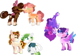 Size: 2069x1503 | Tagged: safe, artist:rickysocks, derpibooru import, oc, oc:cocoa butter, oc:macoun crunch, oc:starburst shine, oc:vesper winds, oc:viridian sage, oc:waffle syrup, unofficial characters only, alicorn, earth pony, pegasus, pony, unicorn, alicorn oc, base used, earth pony oc, female, gay, horn, image, lesbian, male, oc x oc, offspring, parent:apple bloom, parent:button mash, parent:cheese sandwich, parent:flash sentry, parent:pinkie pie, parent:sweetie belle, parent:tender taps, parent:twilight sparkle, parents:cheesepie, parents:flashlight, parents:sweetiemash, parents:tenderbloom, pegasus oc, png, shipping, simple background, transparent background, wings
