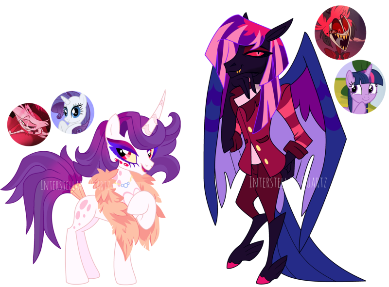 Size: 4762x3522 | Tagged: safe, artist:interstellar-quartz, derpibooru import, rarity, twilight sparkle, twilight sparkle (alicorn), alicorn, demon, monster pony, original species, pony, spiderpony, unicorn, alastor, angel dust (hazbin hotel), angelity, clothes, crossover, crossover ship offspring, crossover shipping, curved horn, deer demon, female, hazbin hotel, heterochromia, horn, image, interspecies, interspecies offspring, male, mare, offspring, parent:alastor, parent:angel dust, parent:rarity, parent:twilight sparkle, parents:angelity, parents:twilastor, png, radio demon, shipping, spider demon, straight, twilastor