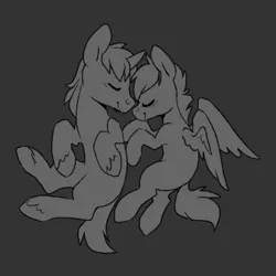 Size: 1280x1280 | Tagged: safe, artist:sinclair2013, derpibooru import, oc, unofficial characters only, pegasus, pony, unicorn, blushing, duo, female, image, male, mare, monochrome, png, shipping, stallion, straight