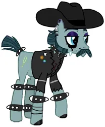 Size: 498x600 | Tagged: safe, derpibooru import, turner mccolt, earth pony, pony, bracelet, choker, clothes, ear piercing, emo, eyebrows, eyeshadow, facial hair, goth, hat, hoof polish, image, jacket, lidded eyes, makeup, male, mccolt family, nose piercing, piercing, png, simple background, solo, spiked choker, spiked wristband, stallion, white background, wristband