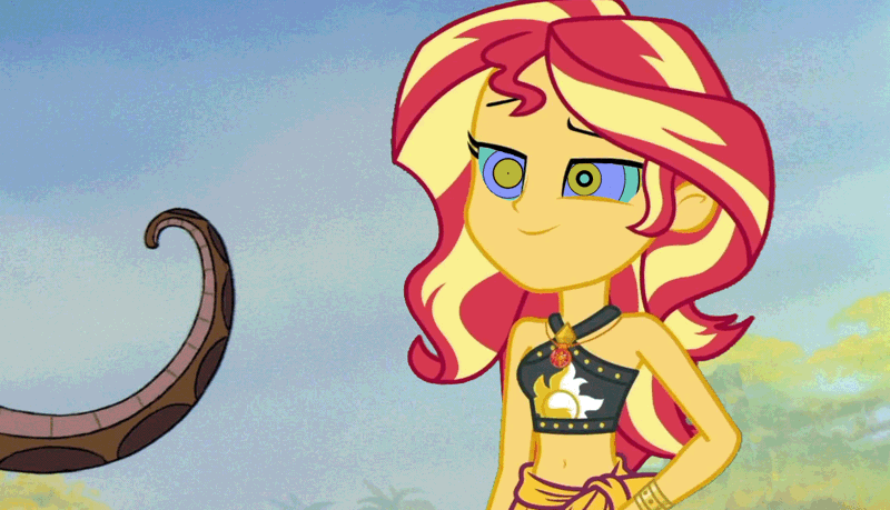 Size: 1181x677 | Tagged: safe, artist:ocean lover, derpibooru import, edit, sunset shimmer, snake, equestria girls, equestria girls series, unsolved selfie mysteries, animated, bare shoulders, belly button, bikini, bikini top, clothes, disney, geode of empathy, gif, hypno eyes, hypnosis, hypnotized, image, jungle, kaa, kaa eyes, magical geodes, midriff, sarong, smiling, summer sunset, swimsuit, tail, the jungle book
