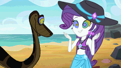 Size: 1920x1080 | Tagged: safe, artist:ocean lover, derpibooru import, edit, rarity, snake, animated, beach, belly button, bikini, boulder, clothes, diamonds, disney, gif, hat, hypno eyes, hypnosis, hypnotized, image, kaa, kaa eyes, looking at each other, looking at someone, midriff, ocean, open mouth, rarity's purple bikini, rock, sand, sarong, sky, sun hat, swimsuit, water