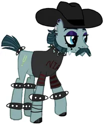 Size: 498x600 | Tagged: safe, derpibooru import, turner mccolt, earth pony, pony, bracelet, choker, ear piercing, emo, eyeshadow, facial hair, goth, hat, hoof polish, image, lidded eyes, makeup, male, mccolt family, nose piercing, piercing, png, simple background, solo, spiked choker, spiked wristband, stallion, white background, wristband