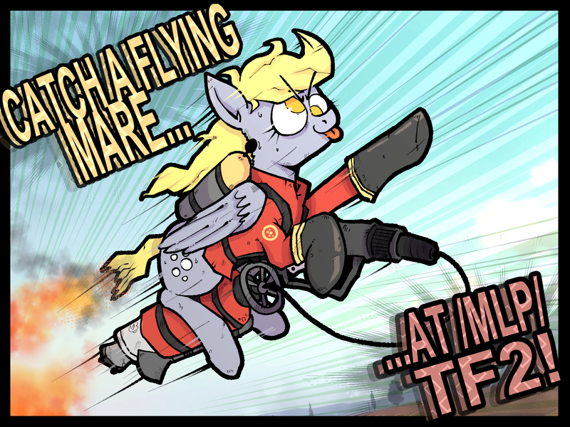 Size: 1600x1200 | Tagged: artist needed, safe, derpibooru import, derpy hooves, pegasus, pony, /mlp/ tf2 general, female, fire, flamethrower, flying, image, mare, png, pyro, team fortress 2, text, tongue out, weapon