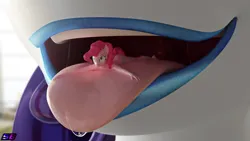 Size: 3840x2160 | Tagged: suggestive, artist:shadowboltsfm, derpibooru import, pinkie pie, rarity, anthro, plantigrade anthro, 3d, 4k, blender, drool, drool string, esophagus, female, fetish, high res, image, imminent vore, lipstick, macro, mawshot, micro, not sfm, open mouth, oral invitation, pinkie prey, png, raripred, saliva puddle, salivating, size difference, slimy, taste buds, tongue out, uvula, vore