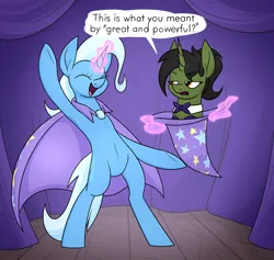 Size: 2244x2124 | Tagged: safe, artist:moonatik, derpibooru import, trixie, oc, oc:grim fate, pony, unicorn, annoyed, belly button, bipedal, bowtie, bunny out of the hat, cape, clothes, curtains, female, happy, hat, horn, image, leotard, magic, magic show, magic trick, mare, png, ponytail, trixie's cape, trixie's hat, unicorn oc