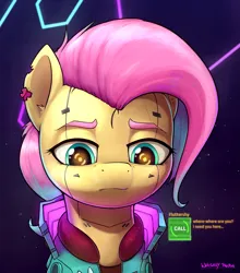 Size: 1715x1947 | Tagged: safe, artist:whiskeypanda, derpibooru import, fluttershy, neon lights, rising star, cyborg, pony, abstract background, alternate hair color, alternate hairstyle, bust, clothes, cyberpunk, cyberpunk 2077, dialogue, ear piercing, earring, glowing clothes, image, jacket, jewelry, looking down, neon, phone call, piercing, png, sad, torn ear
