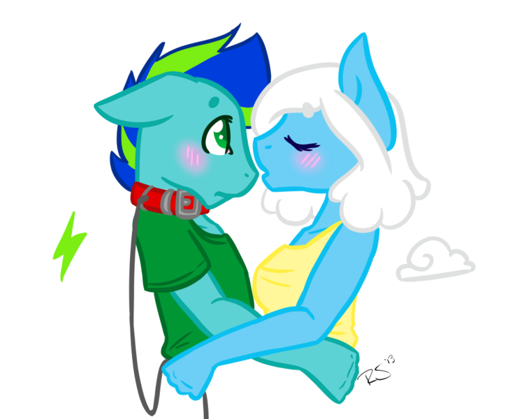 Size: 1000x800 | Tagged: safe, artist:sinclair2013, derpibooru import, oc, oc:cloud, oc:thunderhead, unofficial characters only, anthro, blushing, collar, duo, eyes closed, female, image, male, png, simple background, straight, transparent background