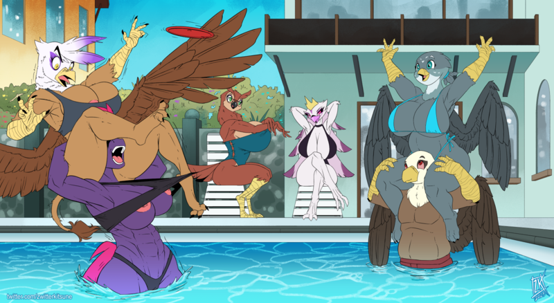 Size: 1600x876 | Tagged: questionable, artist:zwitterkitsune, gabby, gilda, tempest shadow, oc, oc:grimm, anthro, gryphon, unicorn, accidental exposure, big breasts, bikini, breasts, busty gabby, busty gilda, busty tempest shadow, clothes, falling, female, frisbee, griffon oc, image, male, nipple slip, nipples, nudity, open mouth, piggyback ride, png, swimming pool, swimsuit, wardrobe malfunction