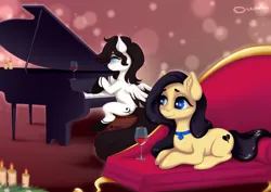 Size: 1280x904 | Tagged: safe, artist:ottava, derpibooru import, oc, oc:ottava, unofficial characters only, earth pony, pegasus, pony, alcohol, female, image, jpeg, male, mare, musical instrument, piano, romantic, stallion, wine