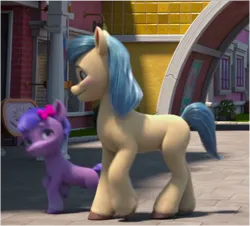 Size: 757x685 | Tagged: safe, derpibooru import, screencap, unnamed character, unnamed pony, earth pony, pony, my little pony: make your mark, my little pony: make your mark chapter 2, spoiler:my little pony: make your mark, spoiler:my little pony: make your mark chapter 2, spoiler:myms01e08, bow, cropped, duo, female, filly, foal, g5, hair bow, have you seen this dragon?, image, lookie uppie, looking at each other, looking at someone, mare, outdoors, png, raised hoof, tail, unshorn fetlocks