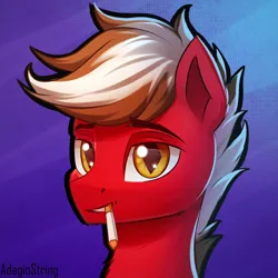 Size: 2000x2000 | Tagged: safe, artist:adagiostring, derpibooru import, oc, oc:markerlight, bat pony, hybrid, pegasus, pony, fallout equestria: dead tree, amber eyes, bat eyes, bust, cigarette, image, jpeg, male, pegasus oc, portrait, red coat, smiling, smirk, stallion, two toned mane, wings