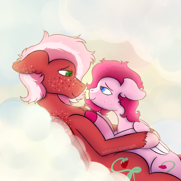 Size: 3000x3000 | Tagged: safe, artist:whimsicalseraph, derpibooru import, oc, oc:raspberry sorbet, oc:strawberry syrup, unofficial characters only, pegasus, pony, cloud, colored wings, duo, female, females only, floppy ears, freckles, image, incest, lesbian, lesbian couple, lying down, lying on a cloud, lying on top of someone, messy mane, on a cloud, pegasus oc, png, siblings, sunlight, sunrise, twincest, twins, unshorn fetlocks, waking up, wings