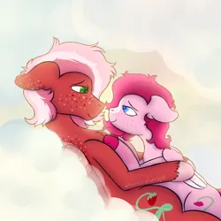 Size: 3000x3000 | Tagged: safe, artist:whimsicalseraph, derpibooru import, oc, oc:raspberry sorbet, oc:strawberry syrup, unofficial characters only, pegasus, pony, cloud, colored wings, duo, female, females only, floppy ears, freckles, image, incest, lesbian, lesbian couple, lying down, lying on a cloud, lying on top of someone, messy mane, on a cloud, pegasus oc, png, siblings, sunlight, sunrise, twincest, twins, unshorn fetlocks, waking up, wings