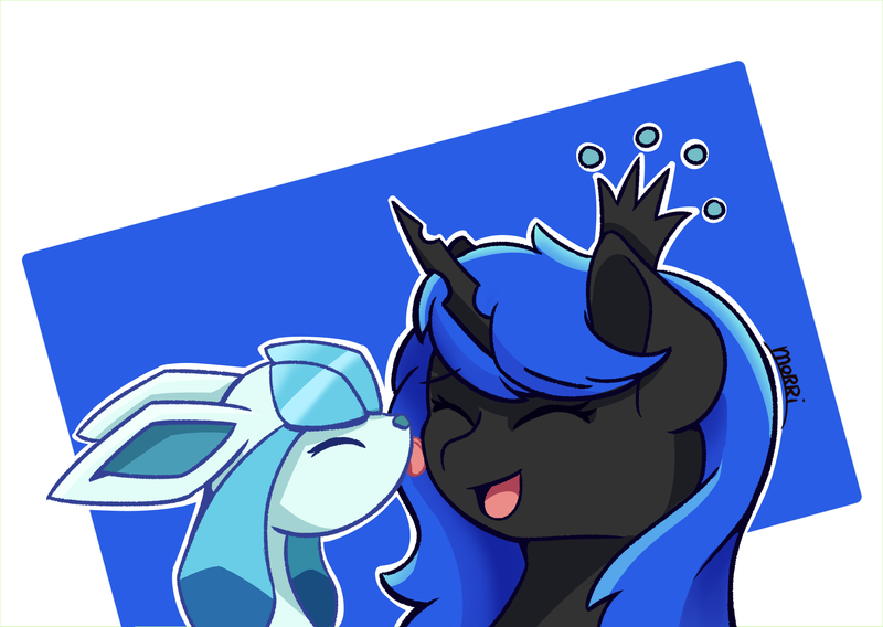 Size: 1716x1219 | Tagged: safe, artist:backgroundpony#f352, derpibooru import, oc, oc:blue visions, unofficial characters only, changeling, glaceon, pony, cute, eyes closed, female, horn, image, licking, mare, open mouth, png, pokémon, shiny pokémon, signature, tongue out