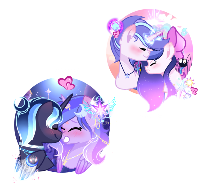 Size: 3800x3461 | Tagged: safe, artist:harmonyvitality-yt, derpibooru import, oc, unofficial characters only, alicorn, pony, unicorn, alicorn oc, base used, bow, bust, female, grin, hair bow, horn, image, male, mare, oc x oc, offspring, parent:flash sentry, parent:king sombra, parent:mistmane, parent:princess luna, parent:star swirl the bearded, parent:twilight sparkle, parents:flashlight, parents:lumbra, png, shipping, simple background, smiling, stallion, transparent background, unicorn oc, wings