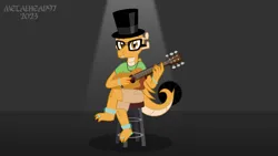 Size: 8000x4500 | Tagged: safe, derpibooru import, oc, oc:myoozik the dragon, unofficial characters only, dragon, anklet, clothes, commission, crossed legs, glasses, gradient background, guitar, guitar pick, hat, image, jewelry, looking at you, musical instrument, necklace, png, shirt, shorts, show accurate, sitting, smiling, smiling at you, stool, toe ring, top hat, wristband