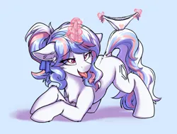 Size: 3793x2874 | Tagged: suggestive, artist:ravistdash, derpibooru import, oc, oc:moontrace, unofficial characters only, pony, unicorn, bedroom eyes, clothes, image, magic, necktie, panties, png, stretching, tongue out, underwear