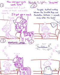 Size: 4779x6013 | Tagged: safe, artist:adorkabletwilightandfriends, derpibooru import, spike, twilight sparkle, twilight sparkle (alicorn), alicorn, dragon, pony, comic:adorkable twilight and friends, adorkable, adorkable twilight, american football, blanket, climbing, comic, couch, cute, dork, endearing, family, female, food, glass, happy, hoofball, image, love, magic, male, mare, muffin, png, sitting, sleeping, snack, sports, television, tired