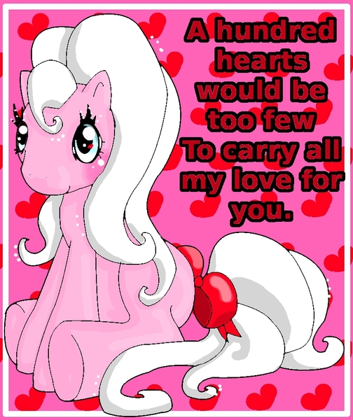 Size: 780x928 | Tagged: safe, artist:noelle23, derpibooru import, oc, unofficial characters only, earth pony, pony, blushing, bow, dialogue, female, g3, heart, heart background, heart eyes, image, jpeg, mare, sitting, smiling, solo, tail, tail bow, valentine's day card, wingding eyes